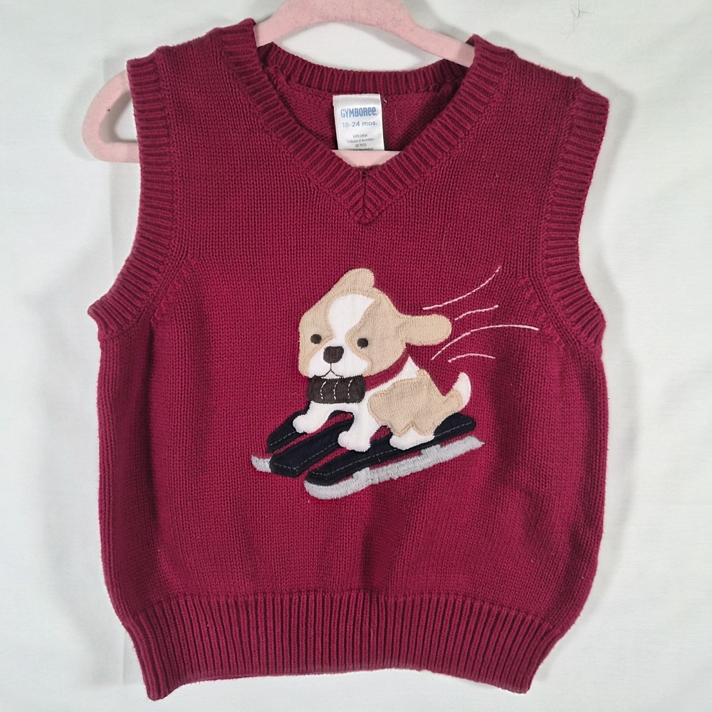 Gymboree Baby Boys 18-24M Sweater Vest Skiing Dog Red Navy Striped Winter